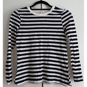 LOFT Petites Striped Long Sleeve Crew Neck T Shirt Navy White XXSP